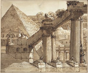 Egyptisk scenedesign, 1800-10 (pen og brunt blæk med brun vask over grafit på lagt papir)